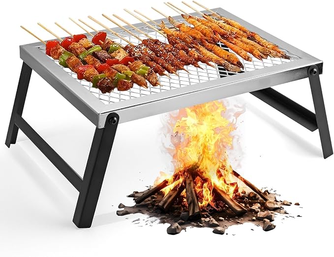 Folding Campfire Grill, 16" x 12" Heavy Duty Steel Mesh Grate Chrome Finish with Folding Legs, Portable Campfire Cooking Equipment, for Camping Outdoor BBQ Cooking Open Fire, Silver