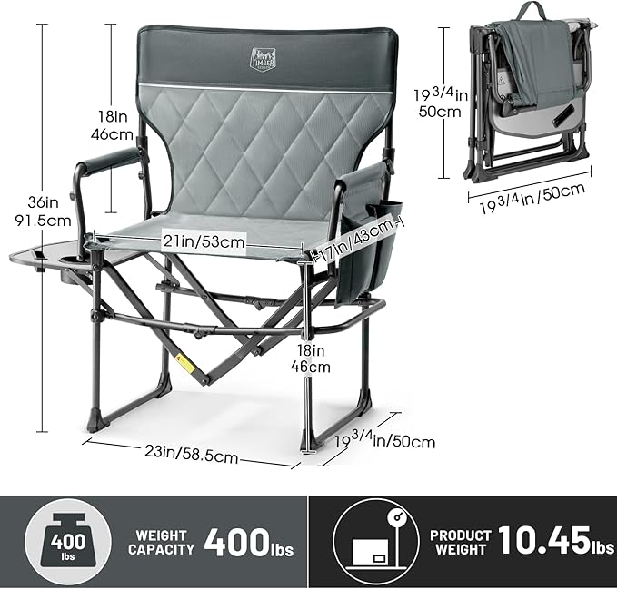 TIMBER RIDGE Aluminum Camping Directors Chair with Side Table Pocket, Portable Folding Chair, Heavy Duty Lawn Chair for Fishing Trip Picnic Concert Outdoor 400lbs, Grey
