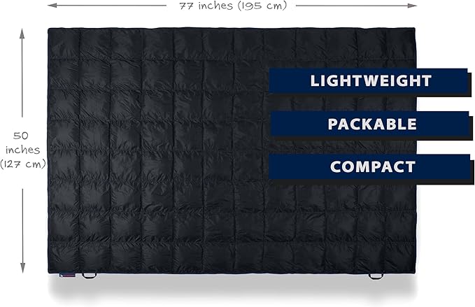 Double Puffy Camping Blanket - Extra Puffy, Packable, Lightweight and Warm | Ideal for Outdoors, Travel, Stadium, Festivals, Beach, Hammock | Water-Resistant Camp Quilt (Black/Blue)