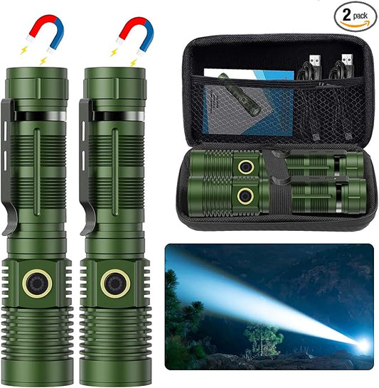 Small Tactical Flashlights High Lumens - 1500 Meters Long Beam Super Bright LED Magnetic Flashlight USB Rechargeable Zoomable 5Modes Long Beam Spotlight Flashlight for Hiking, Camping-Green