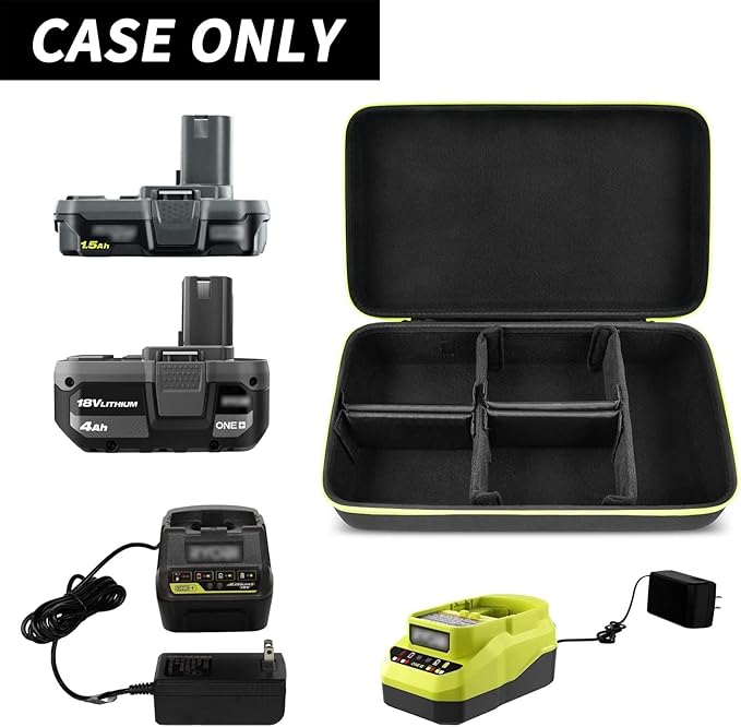 Case Compatible with Ryobi ONE+ 18V Lithium-Ion 4.0/3.5/3.0/2.0/1.5 Ah Compact Batteries. Storage Carrying Holder for 18-Volt Battery Charger. Organizer Container with 6 Dividers (Box Only)