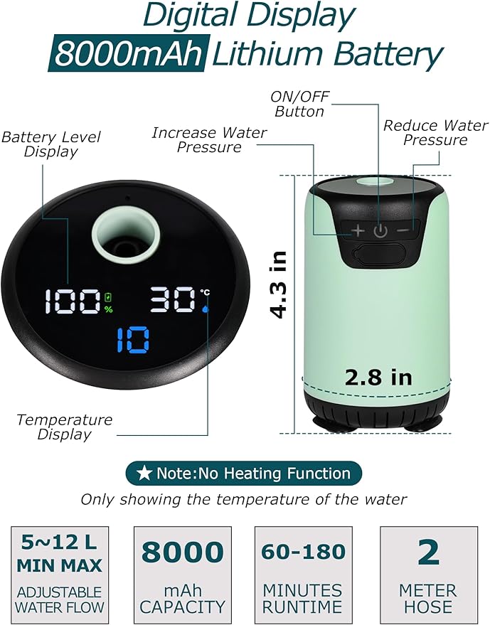 innhom Portable Shower, 8000mAh Rechargeable Camping Shower Pump with LED Display & IPX8 Waterproof, Electric Outdoor Camp Shower, Ideal for Camping, Travel, Car Washing