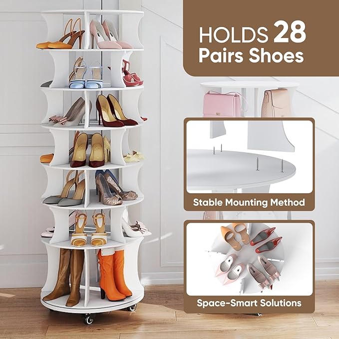 71" Rotating Shoe Rack with Lockable Wheels, 7-Tier Spinning Vertical Shoe Tower with Under-seat Boot Storage Space-Saving Free Standing Shoe Carouse Organizer for Closet Entryway Bedroom (71")