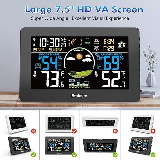 Weather Station Wireless Indoor Outdoor, Digital Thermometer with Remote Sensor, 7.5'' HD VA Display Home Weather Stations, Accurate Temperature Humidity Gauge with Weather Forecast, Atomic Clock