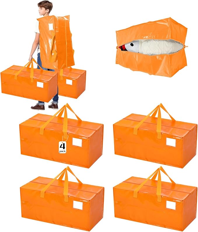 4 Pcs 24 Gallon Large Moving Bags with Zipper and Handles Foldable Storage Duffle Bags Heavy Duty Extra Large Totes for College Dorm Travel Clothes Blankets Bedding Moving (Jelly Orange)