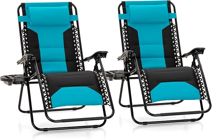 MFSTUDIO Padded Zero Gravity Chair Set of 2, Folding Patio Lounge Recliner with Adjustable Pillows & Cup Holder for Poolside Backyard, Support 400lbs(Pacific Blue)