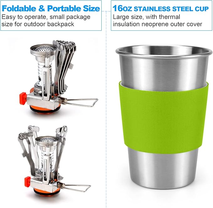 Odoland Camping Cookware Stove Carabiner Canister Stand Tripod and Stainless Steel Cup, Tank Bracket, Fork Spoon Kit for Backpacking, Outdoor Camping Hiking and Picnic