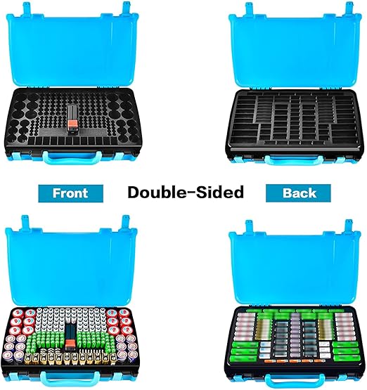 Battery Storage Organizer Case Holder Box with Tester, Double-Sided Batteries Fits for 269 Caddy Container AA AAA AAAA 3A 4A 9V C D Lithium 23A 4LR44 CR123A CR1632 CR2032 - Blue