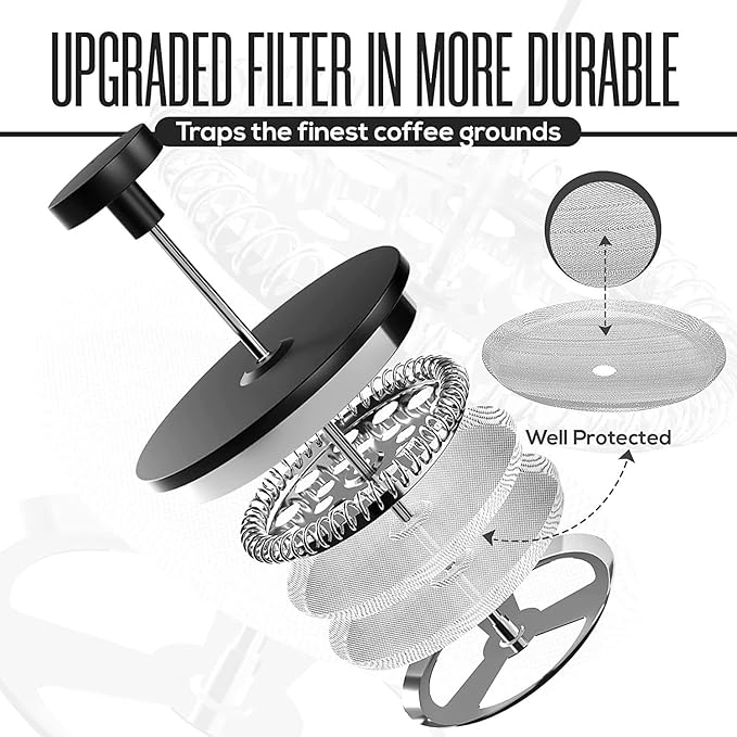 French Press Coffee Maker,Stainless Steel Double Wall Insulated Coffee Press 34 oz,4-8 Cups, Portable Hot Cold Brew Teapot Cafetera for Coffee Bar Accessories Kitchen Camping (Black,34oz)