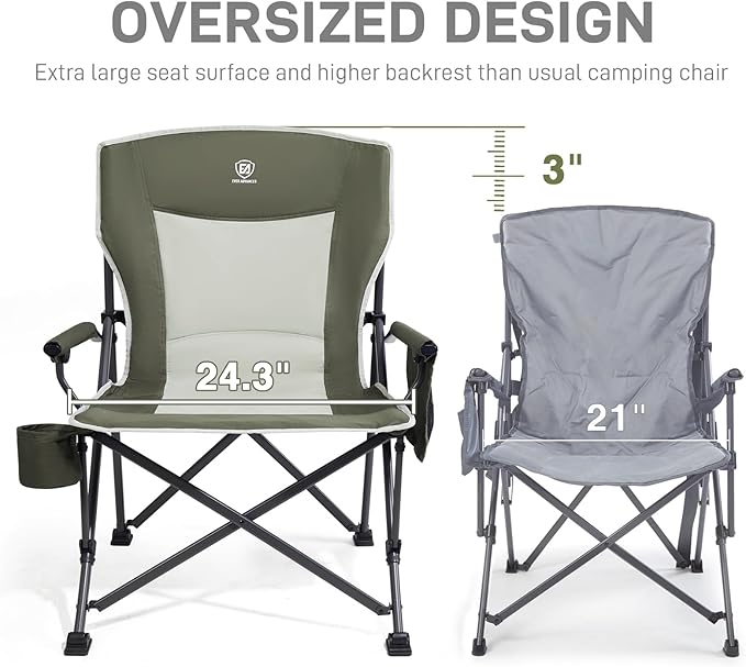 EVER ADVANCED Oversized Folding Camping Chair for Adults, Heavy Duty Lawn Chair with Side Pockets, Portable Collapsible Quad Chair for Outside, Support Up to 500lbs