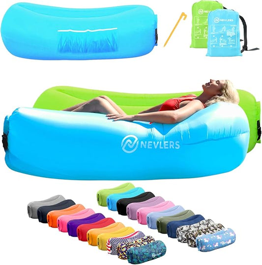 Nevlers 2 Pack Inflatable Loungers Air Sofa Couch | Perfect for Beach Chair Camping Chairs or Portable Hammock |Travel Bag Pouch, Pegs & 3 Pockets| Movie Seating & Camping Accessories Blow Up Lounger