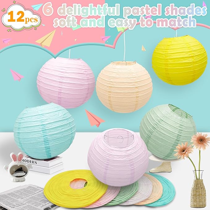 12Pcs 8" Colorful Pastel Paper Lanterns for Classroom Spring Children's Room Mother's Day Baby Shower Wedding Birthday Party Decorations, Macaron Rainbow Pastel Classroom Decor (8 inch)
