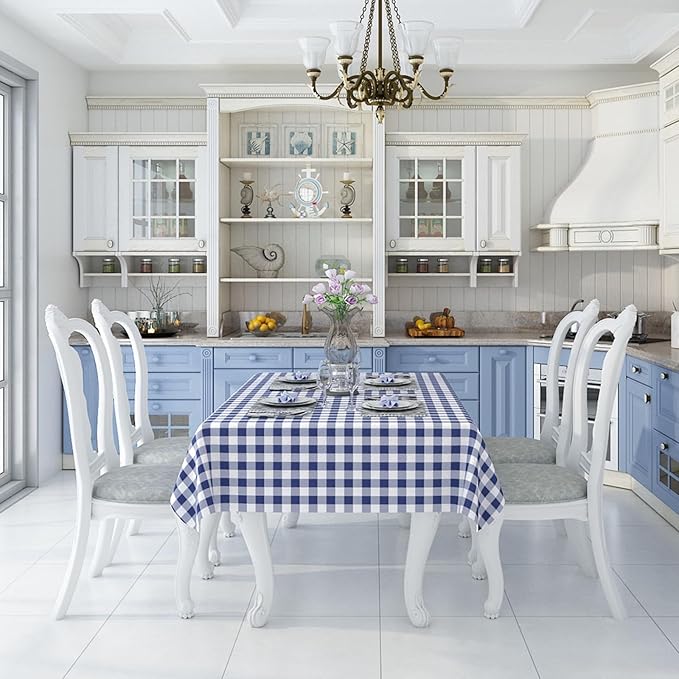 misaya Rectangle Waterproof Vinyl Table Cloth, Buffalo Flannel Backed Tablecloth, Wipeable Plastic Table Cover for Dinner, Kitchen, Outdoor (60" x 120", White and Navy)