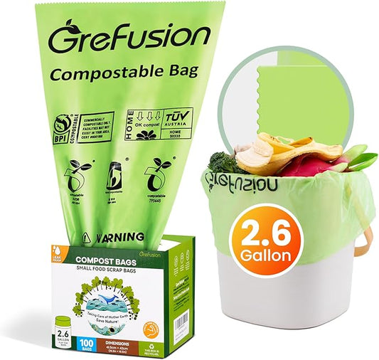 2.6 Gallon Compostable Trash Bags, 100 Count, Extra Thick 0.71 Mil, Certified by BPI and ASTM D6400, Perfect Fit for Small Trash Cans