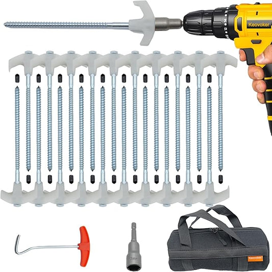 12 Pack Screw in Tent Stakes Heavy Duty-8” Metal Pegs for Ground, Drill in Camping Stake with Hex Head Driver, Spikes Puller, Protector in a Carrying Bag, for Hiking, Hammocks, Glow in Dark