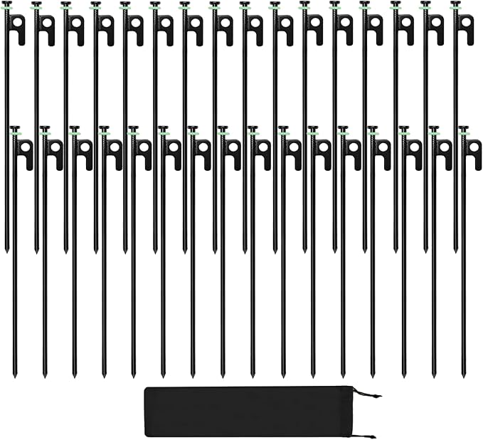32Pcs Tent Stakes, 16in Heavy Duty Tent Stakes with Storage Pouch, Forged Steel Tent Sakes Metal, Metal Stakes for Tent Used on Grassland, Snowfield, Dessert(32Pcs, 16in, Diameter 1/4")