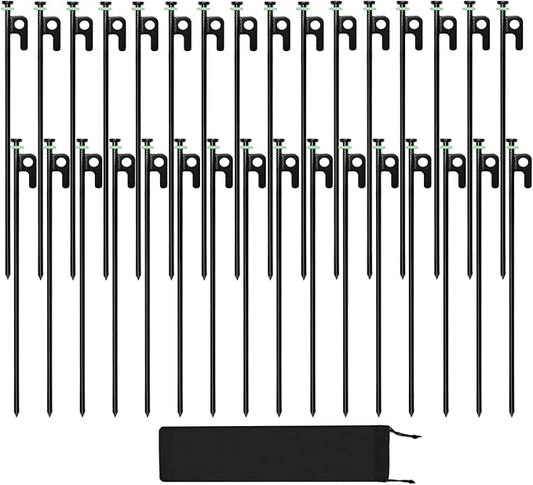 32Pcs Tent Stakes, 16in Heavy Duty Tent Stakes with Storage Pouch, Forged Steel Tent Sakes Metal, Metal Stakes for Tent Used on Grassland, Snowfield, Dessert(32Pcs, 16in, Diameter 1/4")