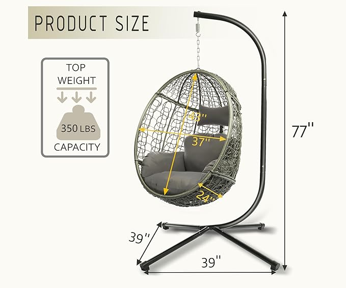 DoubleTT Indoor/Outdoor Egg Chair with Stand, Swing Hammock Hanging Chair Nest Basket, UV Resistant Removable & Washable Cushions,350LBS Capacity for Bedroom, Balcony, Garden