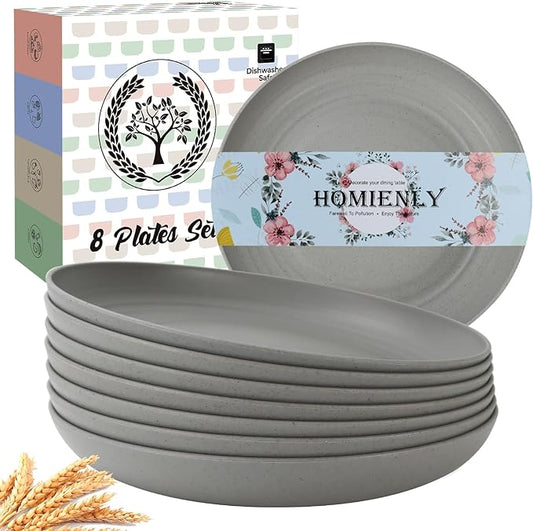 Homienly Deep Dinner Set of 8 Wheat Straw Plates - Alternative to Plastic, Microwave & Dishwasher Safe, Unbreakable & Lightweight Round Plates (Grey,9 inch)