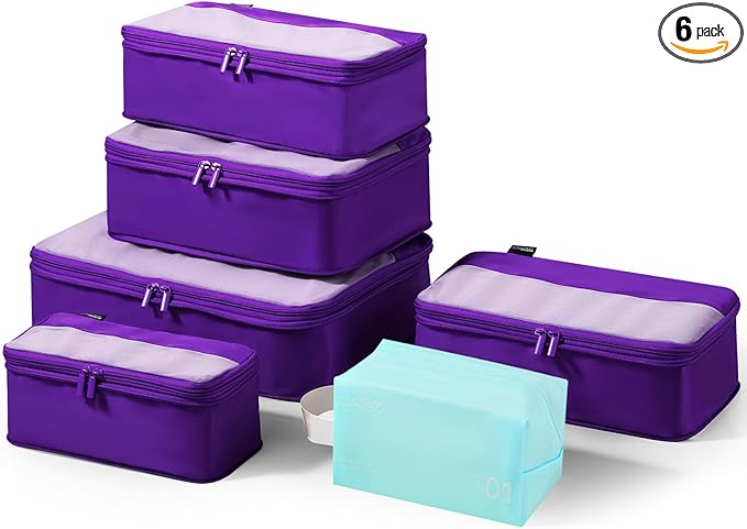 6 Set Compression Packing Cubes for Travel Essentials, Luggage Organizers for Suitcases (Lavender Purple)