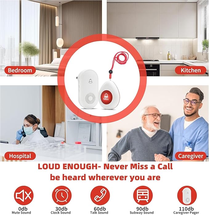 Wireless Caregiver Pager SOS Call Button for Elderly Monitoring 1000+ Feet Life Alert，Emergency Alert System Call Bell for Nurse Patient Disabled 2 Waterproof Transmitter & 1 Plugin Receiver