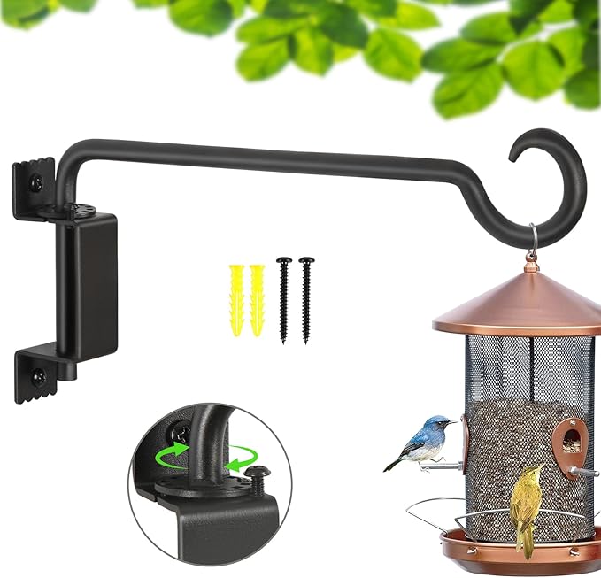 12 Inch Outdoor Hanging Brackets - 360° Swivel Plant Hanger with 12-Directional Adjustable Hook, Rust Resistant Solid Steel Wall Mount for Bird Feeders, Indoor/Outdoor Plants, Garden & Patio