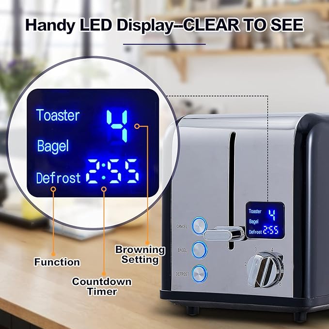 CUSIMAX 2 Slice Stainless Steel Toaster With Large LED Display, 1.5'' Extra-Wide Slots, 6 Browning Settings, Cancel/Bagel/Defrost Function, Removable Crumb Tray, Black