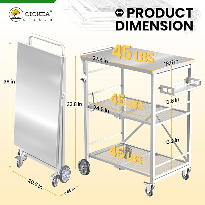 Folding Grill Cart, Metal Pizza Oven Stand Table with 2 Total Lock Casters,3 Shelf Foldable Kitchen Island Cart,Stainless Steel Outdoor Rolling Cart with Wheels for Home Party, Bar, Camping（White）