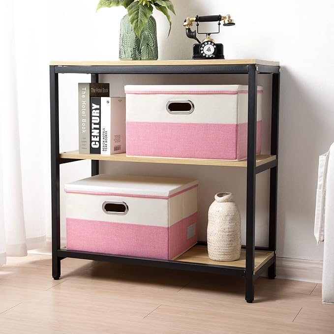 PRANDOM Large Collapsible Storage Bins with Lids [3-Pack] Fabric Foldable Storage Boxes Organizer Containers Baskets Cube with Cover for Home Bedroom Closet Office Pink&Cream(17.7x11.8x11.8)