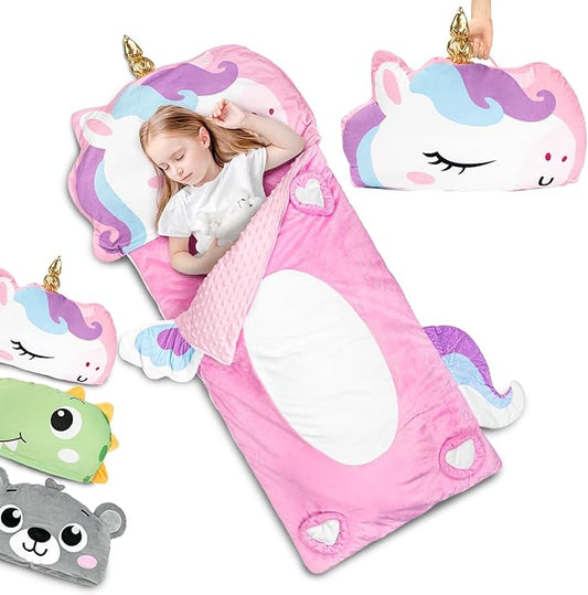 Primlect Kids Sleeping Bag with Pillow, Larger Toddler Nap Mat, Plush Slumber Bag for Boys Girls Daycare Preschool Kindergarten Birthday Gift Travel Sleepover Ages 3-6 Years