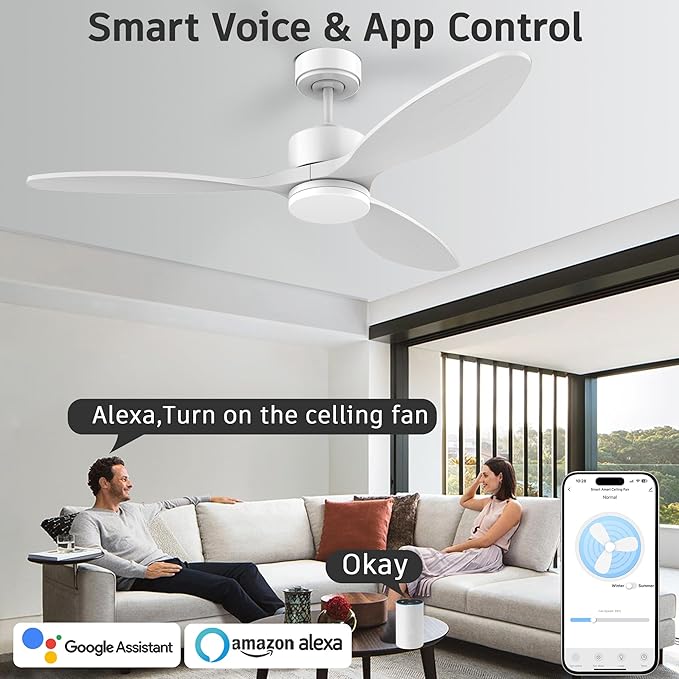 52" Smart Wood Ceiling Fans with light and Remote,Dimmable LED Light,Quiet DC Motor,Control with Alexa Google Voice App,Outdoor Indoor Modern Ceiling Fan for Bedroom Patio,White