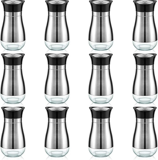 Layhit 12 Pack Stainless Steel Salt and Pepper Shakers Set with Stainless Steel Lid Glass Bottle Refillable Salt Dispenser for Kitchen Table Gadgets Cooking BBQ