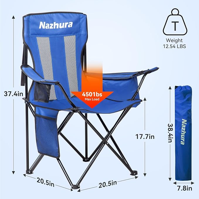 Nazhura 2 Pack Outdoor Camping Chairs Folding/Foldable/Portable with Cooler Pouch, Mesh Backrest and Cup Holder Pocket (Blue, 2 Pack)