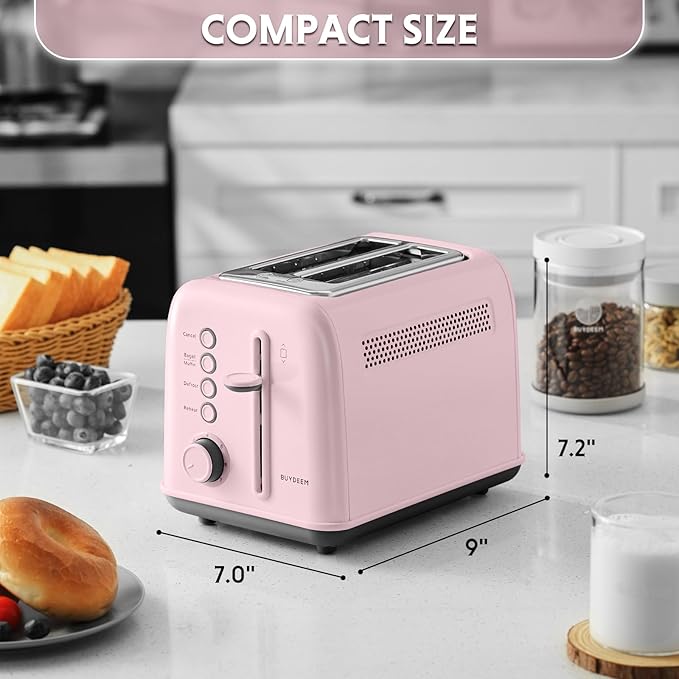 BUYDEEM DT620 2-Slice Toaster, Extra Wide Slots, Retro Stainless Steel with High Lift Lever, Bagel and Muffin Function, Removal Crumb Tray, 7-Shade Settings,Pink