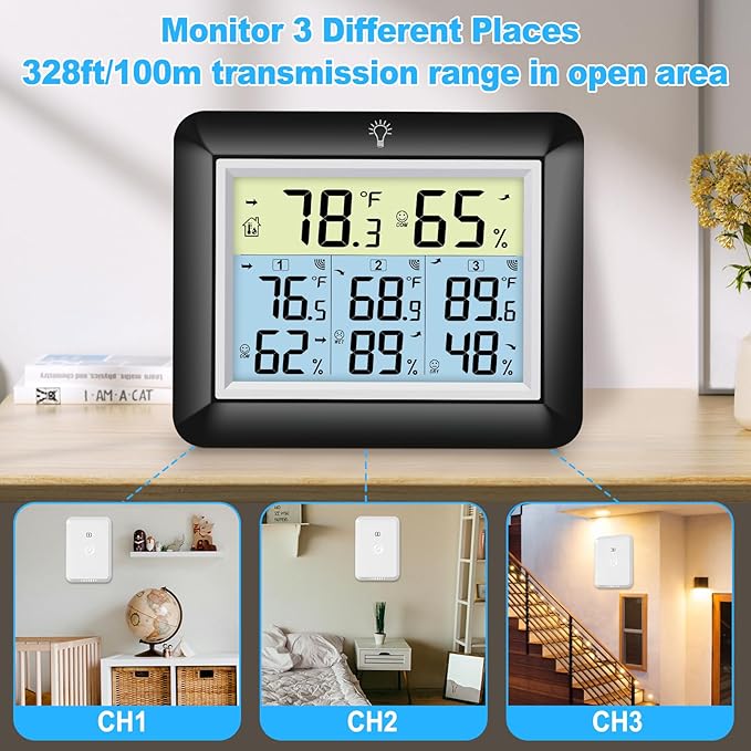 Urageuxy Wireless Indoor/Outdoor Thermometer Hygrometer, Digital Temperature and Humidity Monitor with 328ft Range Remote Sensor for Home, Greenhouse, Bedroom, Kitchen, Refrigerator, Black