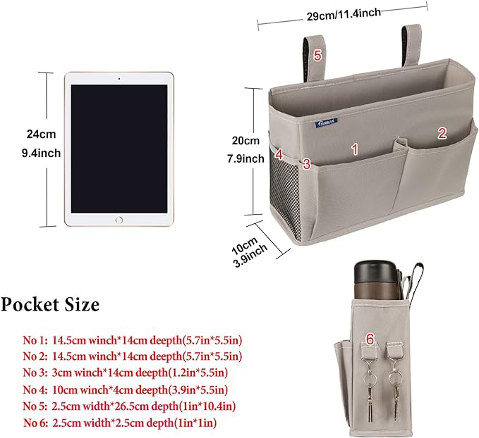 Surblue Bedside Caddy Hanging Bed Organizer Storage Bag Pocket for Bunk and Hospital Beds, College Dorm Rooms Baby Bed Rails,Camp 4 Pockets and 2 Hooks (Gray)