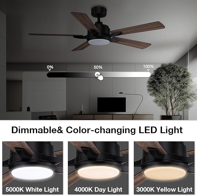 cumilo 52” Smart Ceiling Fanswith Lights Remote Control,Quiet DC Motor,Outdoor Indoor Modern Farmhouse Ceiling Fan work with Alexa App,Dimmable LED Light,Black/Brown for Bedroom Living Room Patio