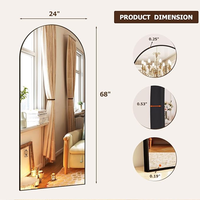 Arched Full Length Mirror - 68" x 24" Large Floor Mirror Aluminum Frame Dressing Mirror with Stand for Bedroom/Living Room Wall Mounted