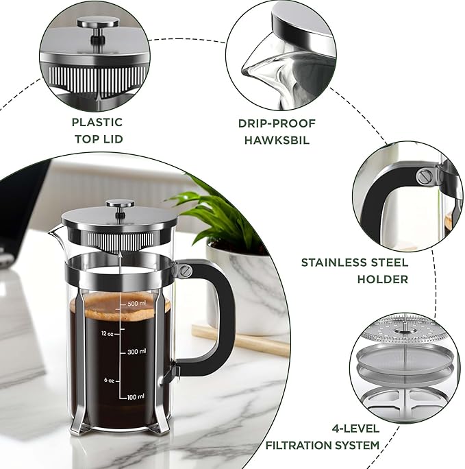 21 Ounce / 600ML French Press Coffee Maker - Stainless Steel & Borosilicate Glass, 4 - Filter for Smooth Brews - Perfect for Cold Brew, Espresso & Tea
