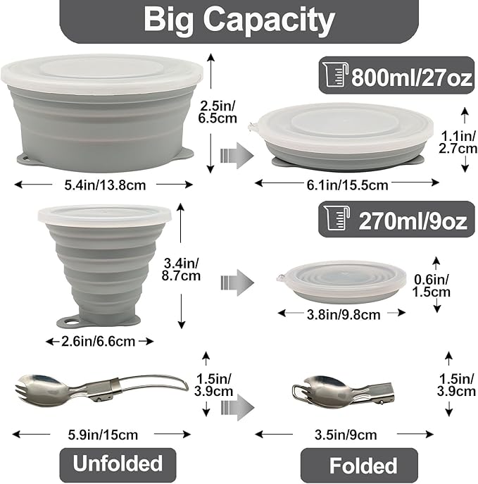 Mess Kit for Camping Silicone Collapsible Bowl Collapsible Cup and Stainless Steel Spoon for Backpacking Outdoor Hiking Traveling and Picnic