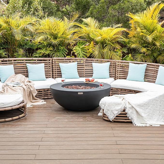 Elementi Lunar Bowl Dark Grey Fire Pit Bundle Includes 42” Propane Concrete Firepit, Glass Windscreen, Stainless Steel Cover, Tank Cover, Canvas Cover, Floor Mat, Hammock, Beverage Tub