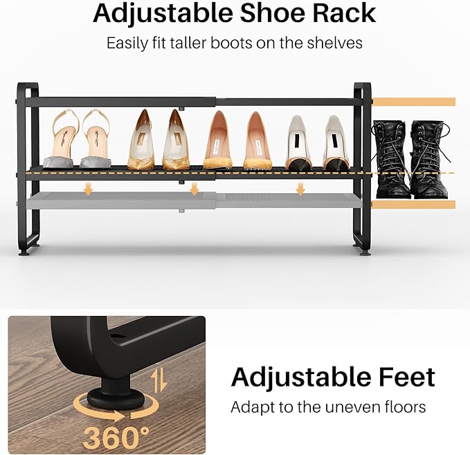 Shoe Rack - Expandable Shoe Organizer for Closet, Adjustable Metal Shoe Shelf Storage, 2 Tier Stackable Long Shoe Stand Holder for Garage, Entryway, Door Entrance, Black