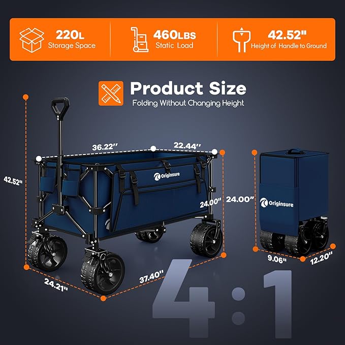 220L Collapsible Wagon Cart Foldable, 460LB Load Capacity Heavy Duty Folding Beach Wagons with Big All-Terrain Wheels, Utility Carts for Groceries, Shopping, Camping, Sports - Blue