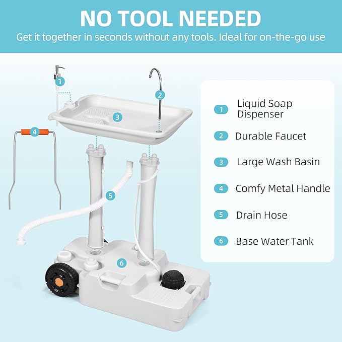 YITAMOTOR 30L Portable Camping Sink, Portable Hand Washing Station with Large Wheels, Foot Pump, Towel Holder & 5L Soap Dispenser for Outdoors, Garden, Gathering, Camping, Worksite, Camping, Outdoor