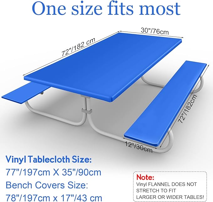 3 Pcs Picnic Table and Bench Fitted Tablecloth Cover for 6 Ft Table 30 x 72 Inch Vinyl Fitted Elastic Edges Waterproof Wipeable Tablecloth for Indoor Outdoor Travel Picnics Patio Camping (Blue)