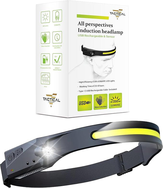 Tactical Headlight - 230° Wide Beam LED Tactical Headlamp, Rechargeable USB-C Headlight with Motion Sensor, 350 Lumens, IPX4 Waterproof, Lightweight Head lamp for Camping Essentials, Hiking, Running