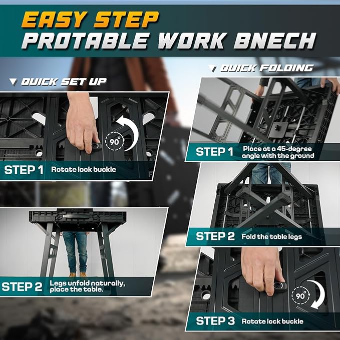 Foldable Work Bench,Easy Step Protable Work Table,34" W x 25" D x 31" H Lightweight Workbench wih 1650LBS,Work Benches for Garage,Work Bench Suitable for Garage,Workshop and Home (Black)