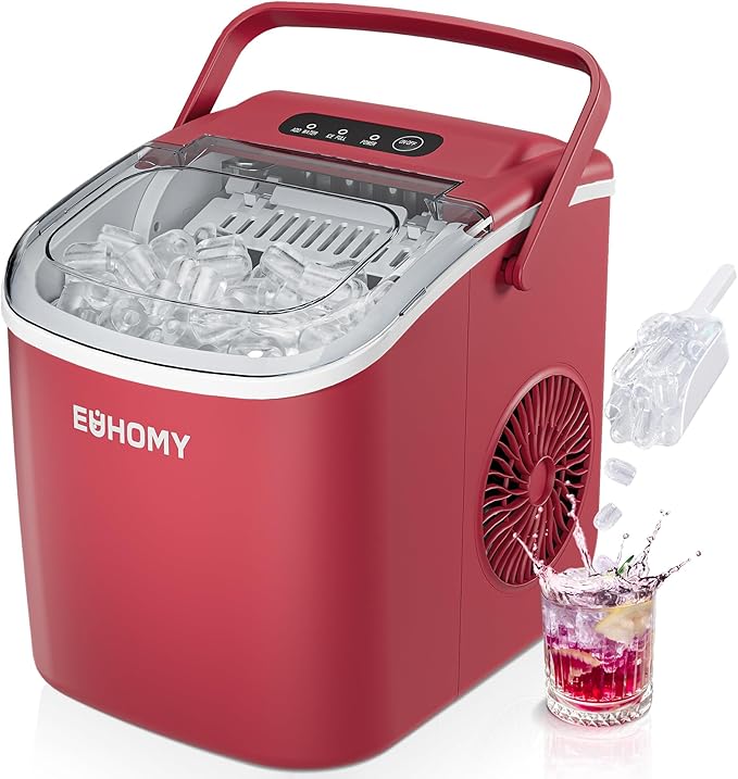 EUHOMY Countertop Ice Maker Machine with Handle, 26lbs Per Day, 9 Ice Cubes Ready in 6 Mins, Auto-Cleaning Portable Ice Maker with Basket and Scoop, for Home/Kitchen/Camping/RV (Red)