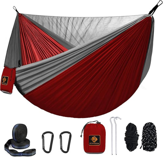 Camping Hammock, Portable Hammocks with Mosquito Net,Lightweight Nylon Parachute Hammock with 10ft Tree Straps,Camping Gear Must Haves for Travel Hiking Backpacking Beach Patio-Red&Grey