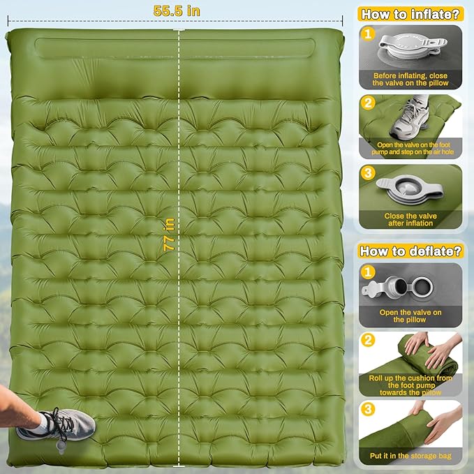 Double Sleeping Pad, Extra Thick 6 Inch Sleeping Pad for Camping 2 Person with Built-in Pillow & Foot Pump Ultralight Compact Inflatable Camping Mat for Backpacking Hiking Travel Tent Camp Gear Gifts